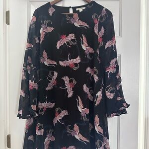 Black Dress with Pink Bird Print